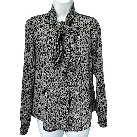 Michael Kors Black White Lettering Viscose Blend Tie-Neck Blouse size XS *GOOD* - Picture 1 of 12